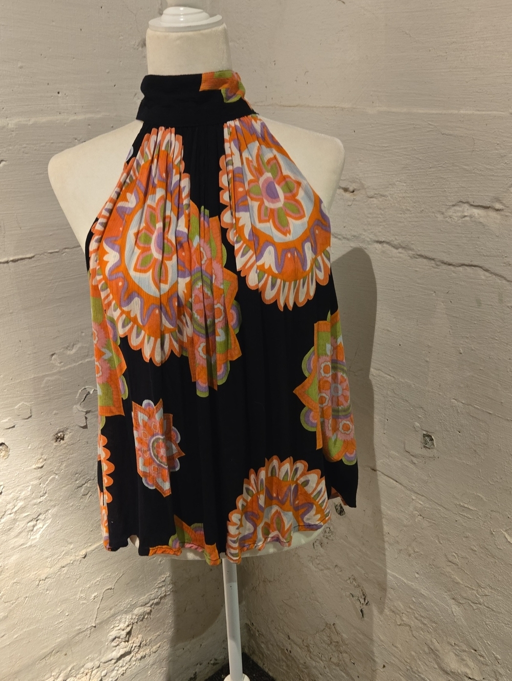 High-Neck Floral Medallion Halter Blouse - Black & Orange